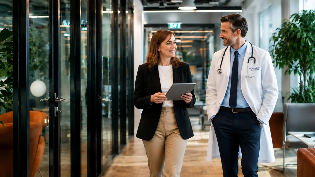 A financial adviser and a doctor walking together through a modern office, talking over a tablet